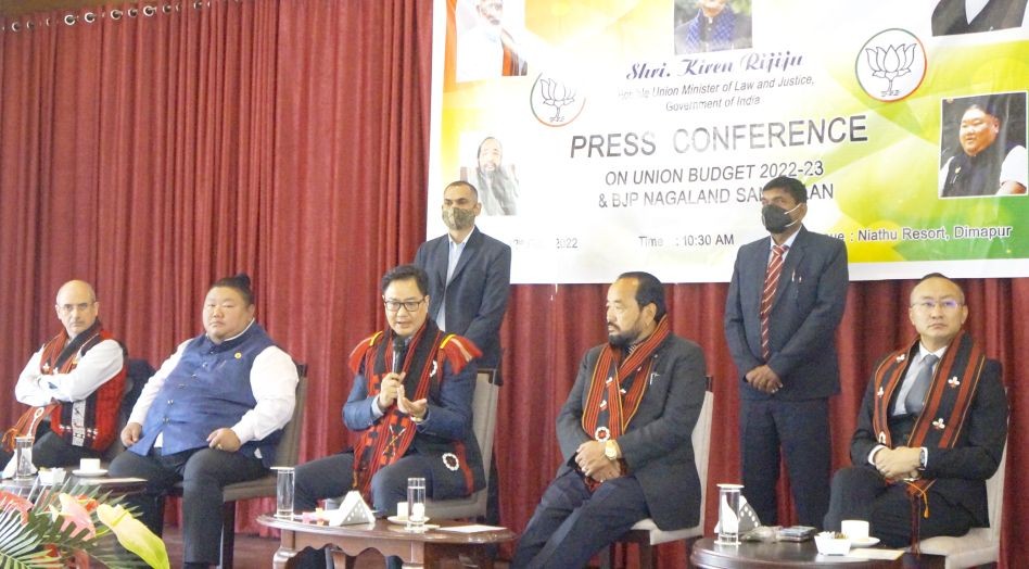 Union Minister for Law and Justice, Kiren Rijiju and others during the press conference at Niathu Resort, Chümoukedima on February 12. (Morung Photo)